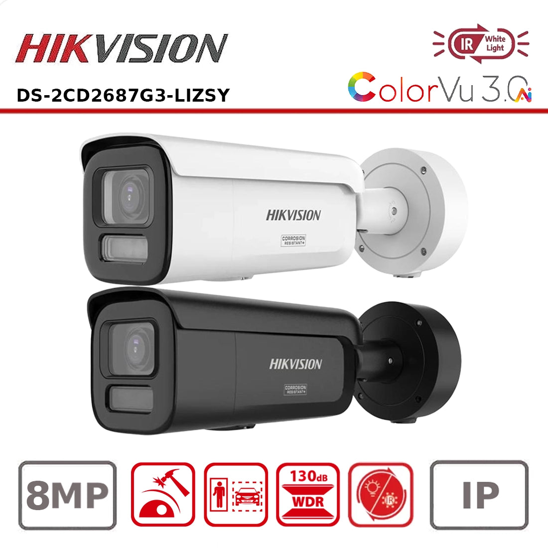 Hikvision Bullet IP Camera DS-2CD2687G3T-LIZSY with weatherproof housing and high-resolution lens for outdoor security surveillance