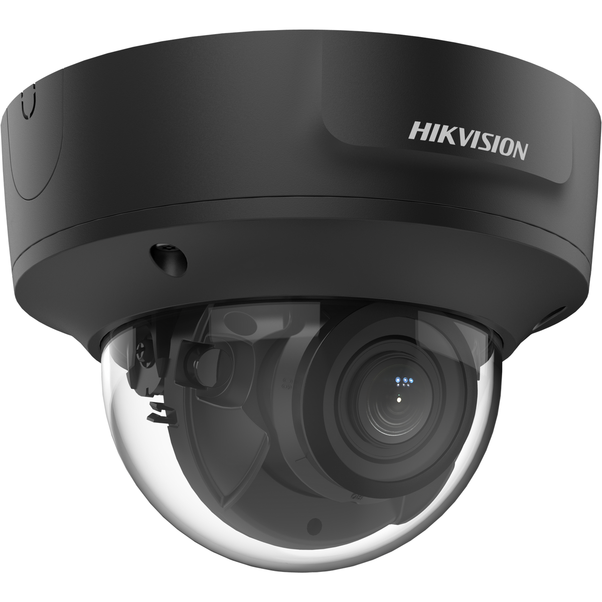 Hikvision 4MP dome IP security camera with 2.8-12mm zoom lens in black, featuring a compact design and adjustable focus.