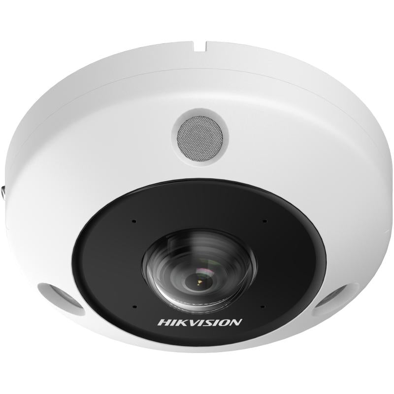 Hikvision DS-2CD6365G1-IVS 6 MP DeepinView fisheye network camera capturing a wide-angle surveillance view.