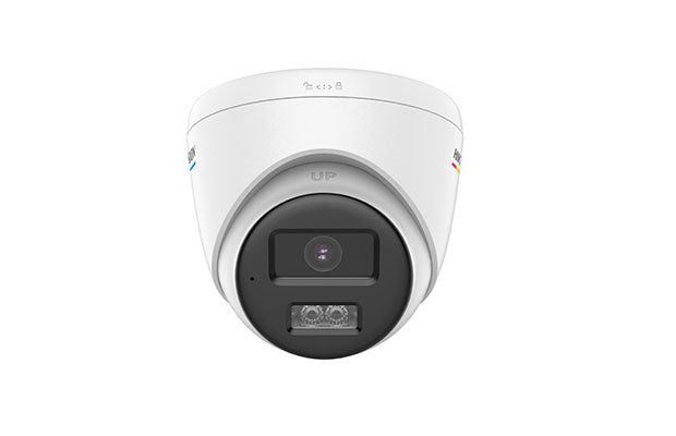 Hikvision Turbo HD analog security camera with 3.6mm lens, black outdoor dome mounted on wall, detailed view of camera lens and housing