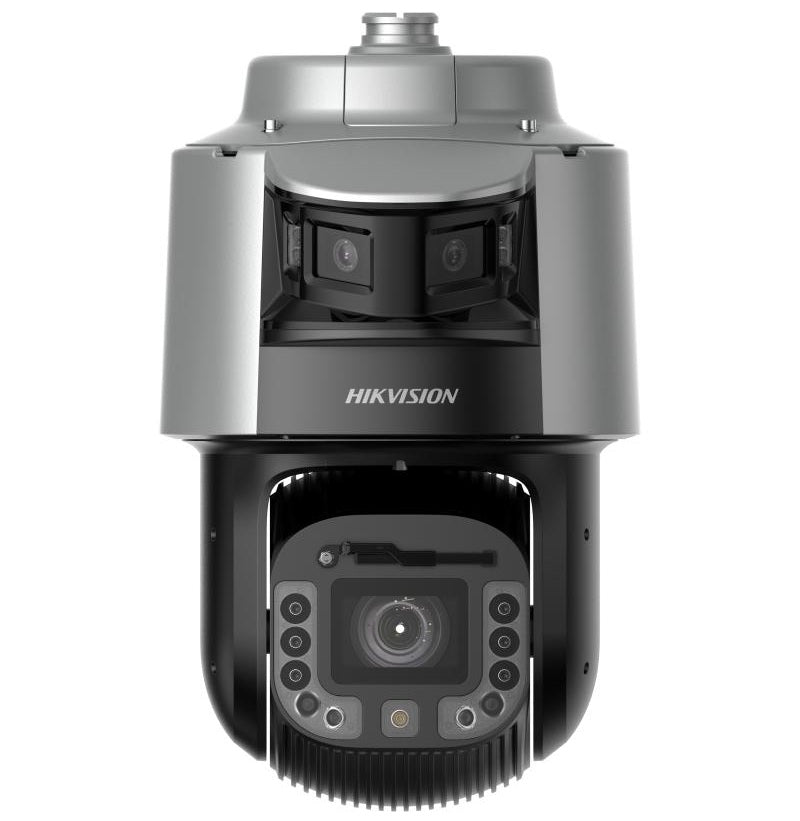 Hikvision 8MP PTZ IP camera by Galaxy Security showing camera lens and pan-tilt mechanism in outdoor setting