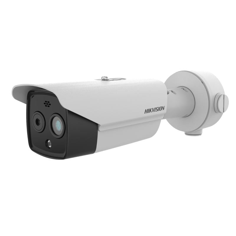 Hikvision Thermal IP Camera DS-2TD2628T-3/QA with lens, mounted for outdoor surveillance, showing thermal imaging features.