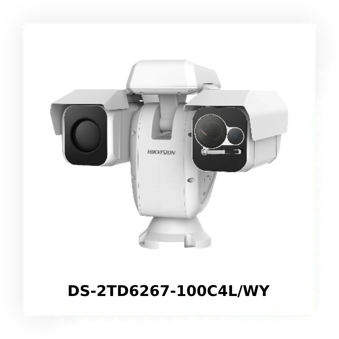 Hikvision 4MP thermal IP camera DS-2TD6267-100C4L/WY with infrared sensors for security and thermal imaging monitoring.