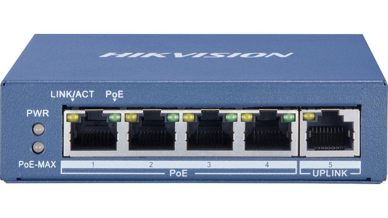 Galaxy Security 4 Port Gigabit Unmanaged PoE Switch with Ethernet ports and LED indicators for network connectivity.