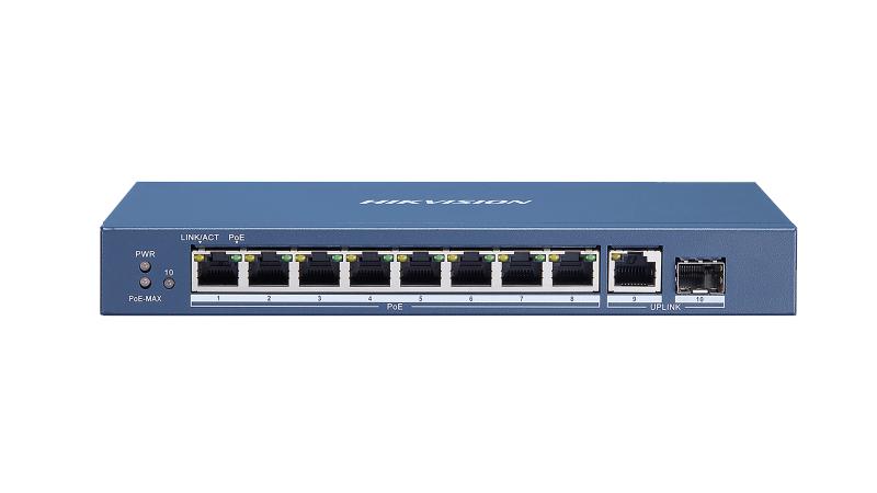 Hikvision DS-3E0510P-E 8-port Gigabit unmanaged POE switch with Galaxy Security branding, showing ports and LED indicators.