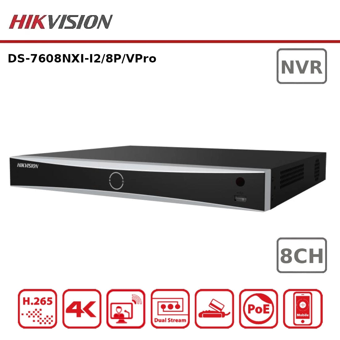 Hikvision 8-channel Network Video Recorder DS-7608NXI-I2/8P/VPro with multiple ports and compact design, used for security monitoring.