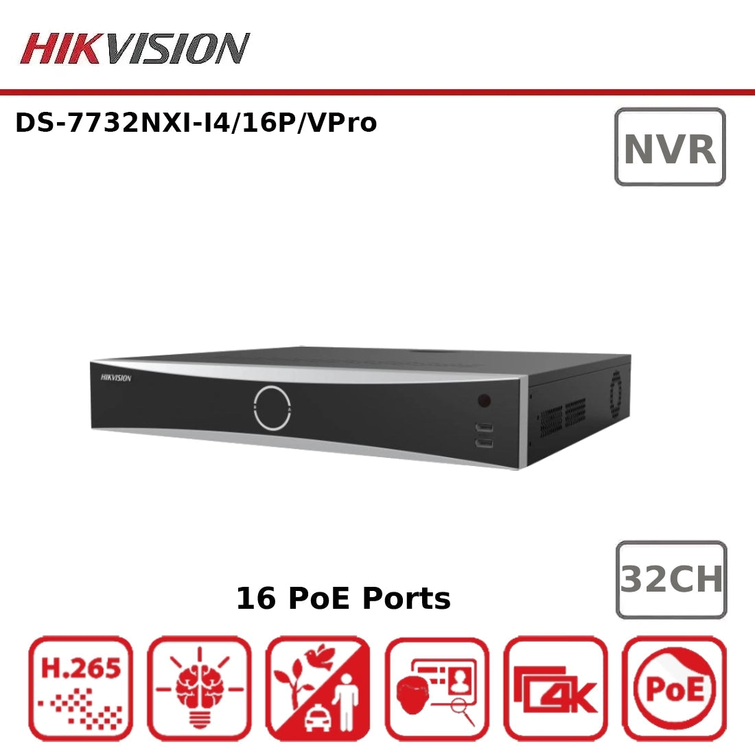 Hikvision 32-channel Network Video Recorder DS-7732NXI-I4/16P/VPro with multiple ports and ventilation, Galaxy Security branding visible.