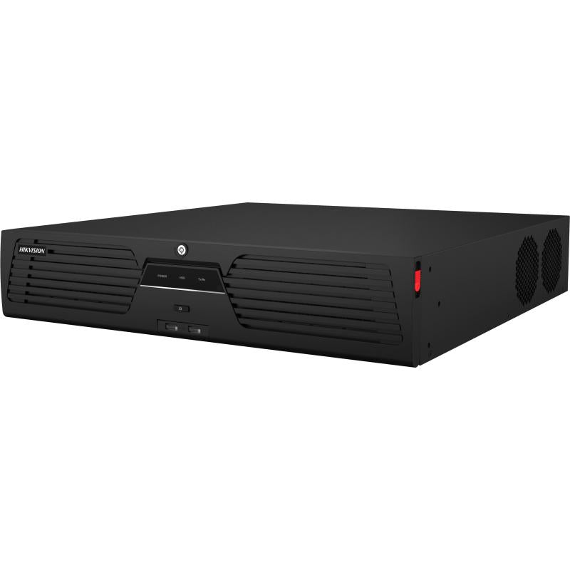Hikvision DS-9664NXI-I8/VPro NVR with AcuSeek from Galaxy Security, featuring multiple network ports and sleek black design.