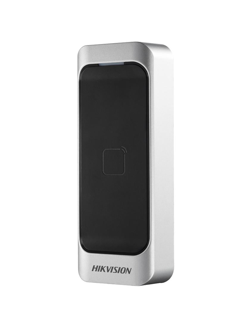 Galaxy Security access control card reader DS-K1107 mounted on wall with keypad and card slot for secure entry.