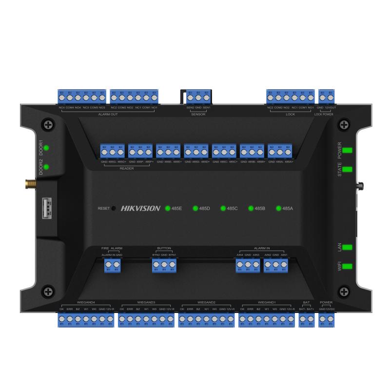 HIKVISION DS-K2702WX-E1 access controller with touchscreen and network interface, used for secure building access management.
