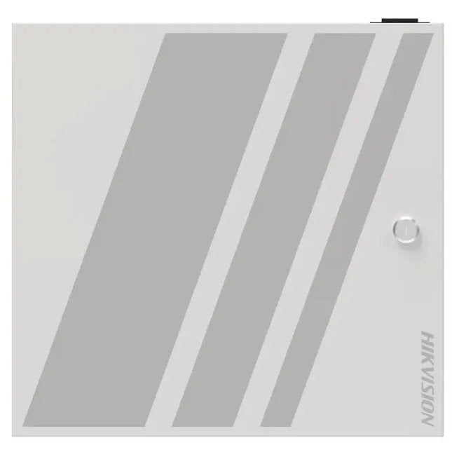 HIKVISION access module enclosure DS-K2M002X-E mounted on wall with electronic components and wiring visible.