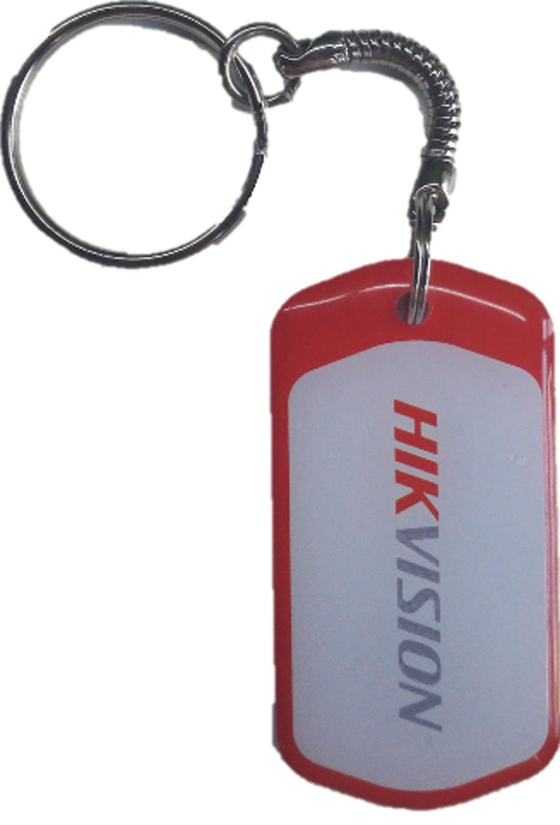 HIKVISION Mifare access control fob with white plastic casing and keyring hole, designed for secure building entry.