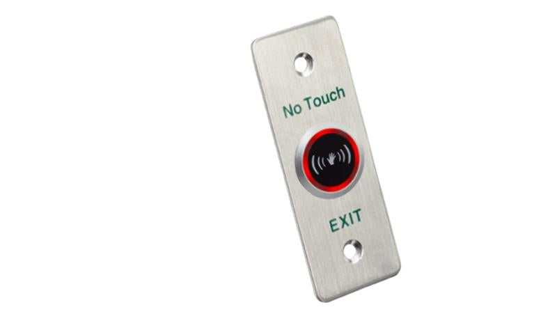 HIKVISION exit and emergency button mounted on wall, durable plastic housing, used for building safety and emergency exits