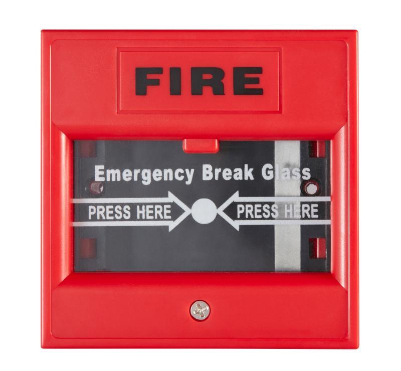 HIKVISION exit and emergency button mounted on wall, black metal push button for building safety and security.