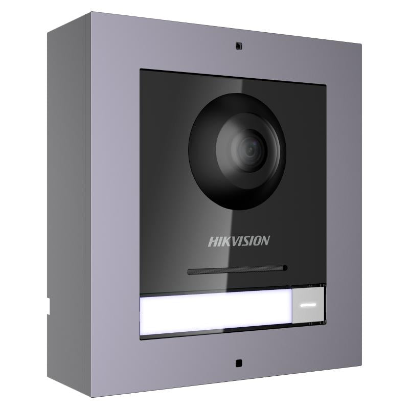 Galaxy Security intercom outdoor station, surface mount model DS-KD8003-IME1 with visible keypad and camera for secure entry.