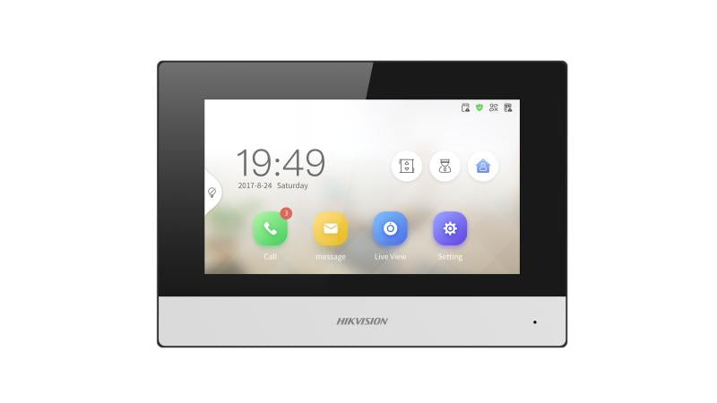 Hikvision two-wire indoor station DS-KH6320Y-WTE2 with touchscreen display and modern design, used for security and communication.