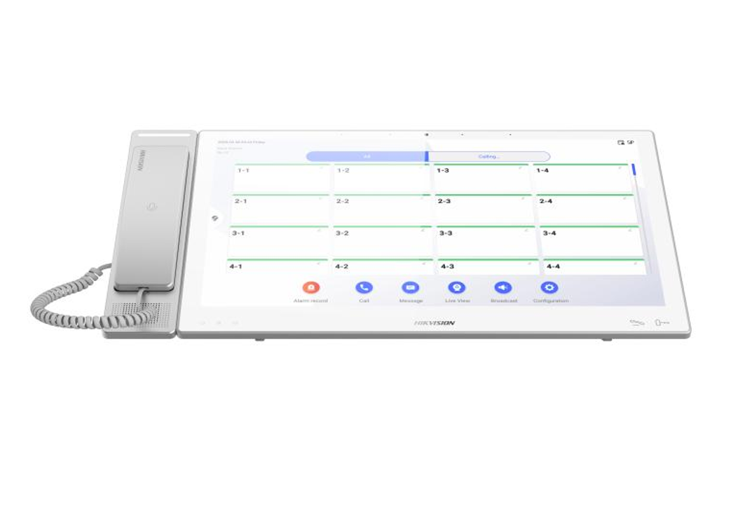 Hikvision DS-KHM9803X video intercom device with touchscreen display and multiple communication buttons.