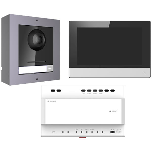 Galaxy Platinum 4-wire IP intercom kit with sleek design, includes control unit and wiring for secure communication.