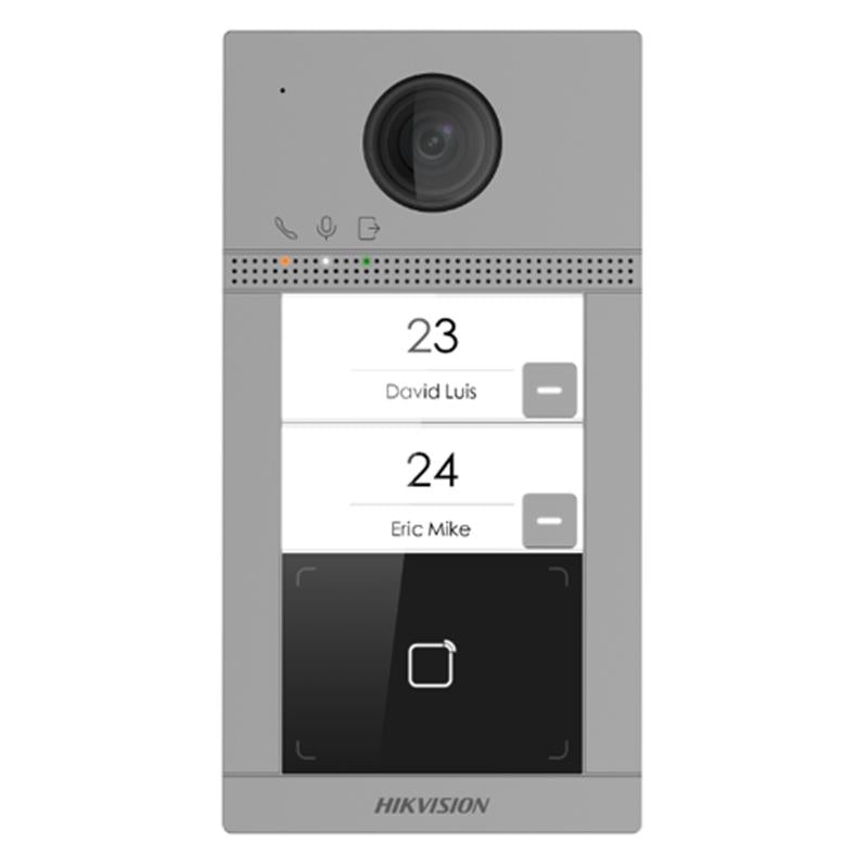 Hikvision DS-KV8213-WME1(C) indoor video intercom station with color touchscreen and Galaxy Security branding.