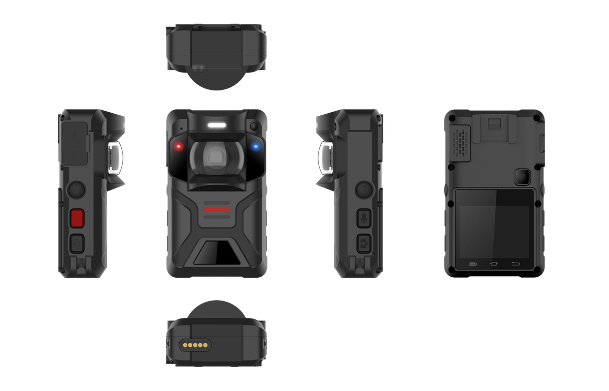 Galaxy Security Hikvision DS-MCW40C body-worn camera showing front view with LCD screen and recording button.