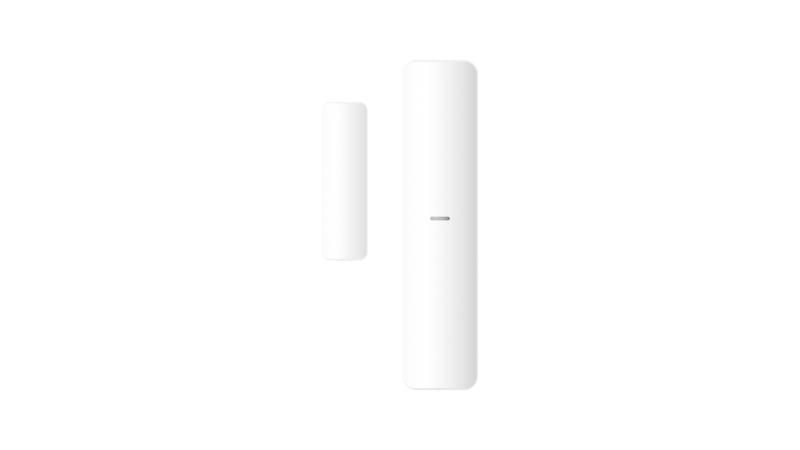 Wireless magnetic contact sensor by HIKVISION, with compact design and magnetic strip for security alarm systems.