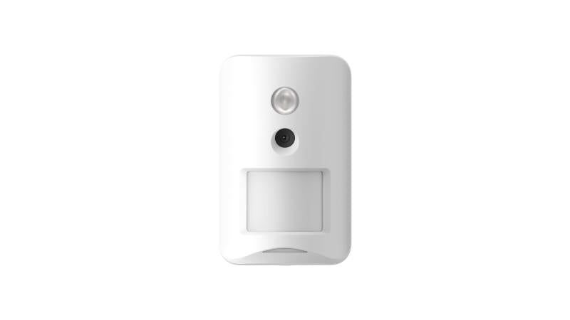 Hikvision DS-PD201PC10-WA wireless PIR camera detector with motion sensors, mounted on a wall for security detection.