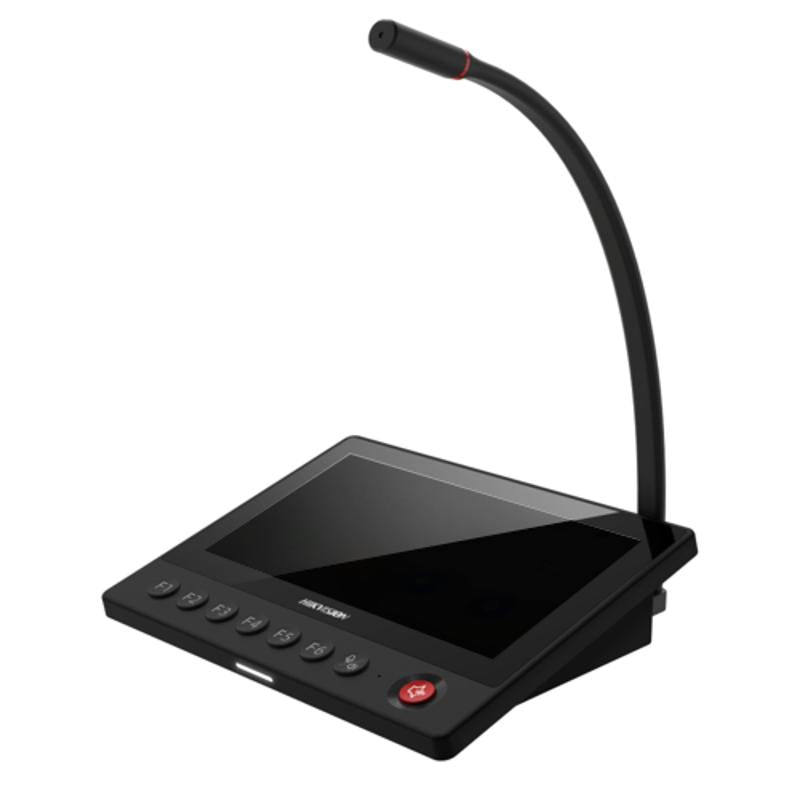 HIKVISION 7-inch paging microphone DS-QAZ1MP7G1 with control buttons and display screen for communication system.