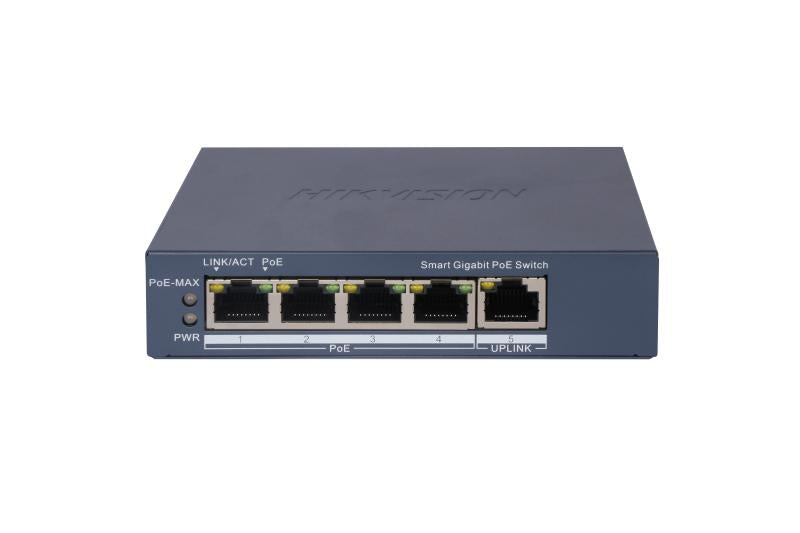 Galaxy Security 4-port Gigabit PoE switch with web-managed interface and single gigabit uplink port.