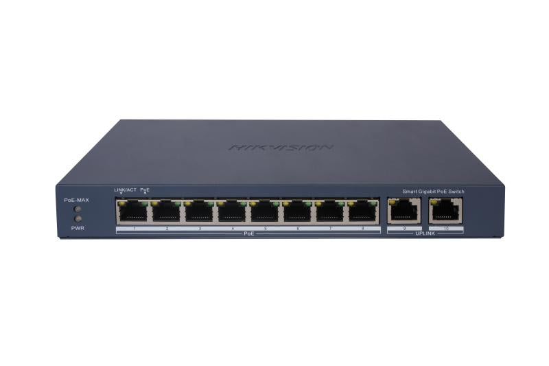 Galaxy Security 8-port Gigabit PoE switch with 2 gigabit uplink ports, web-managed network device, Ethernet connectivity.