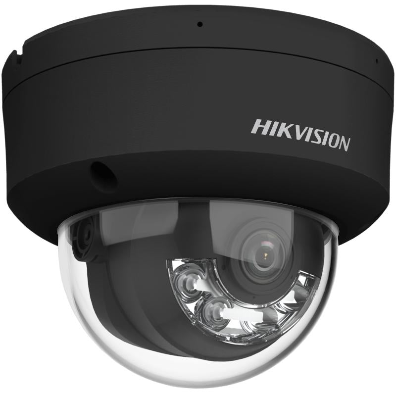 Galaxy Security Hikvision 4MP Dome IP Camera DS-2CD2143G2-LIS2U in black with a 2.8mm lens, designed for surveillance.
