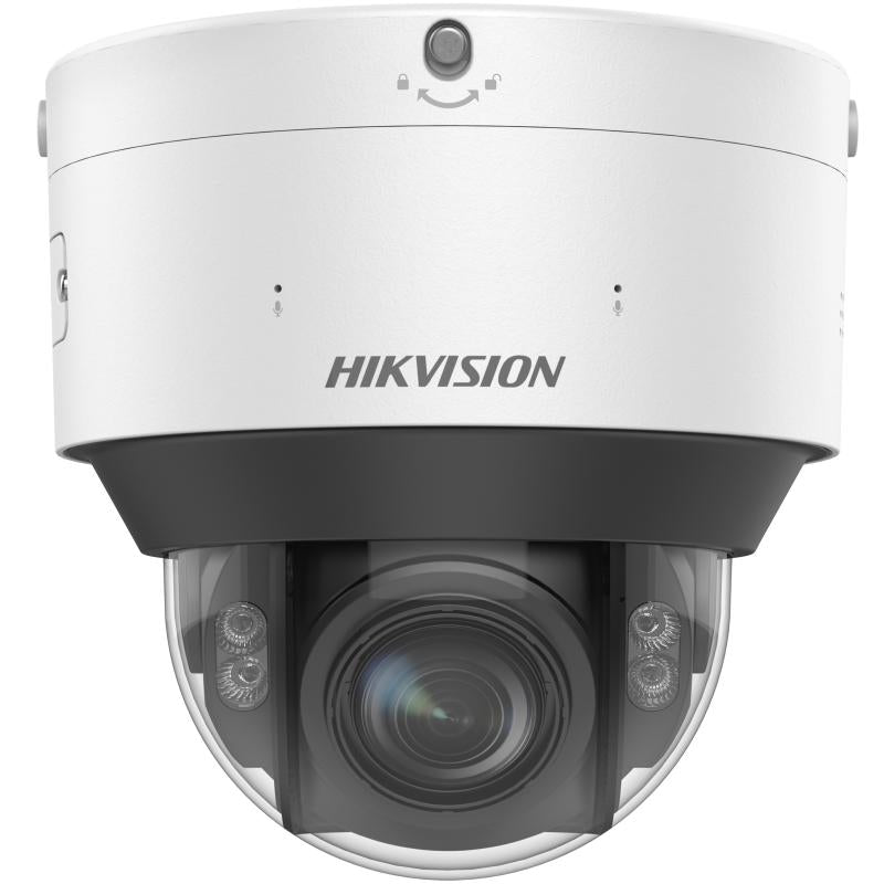 Hikvision 8MP dome IP camera with 2.8-12mm lens, part of Galaxy Security's surveillance camera lineup, mounted on wall.