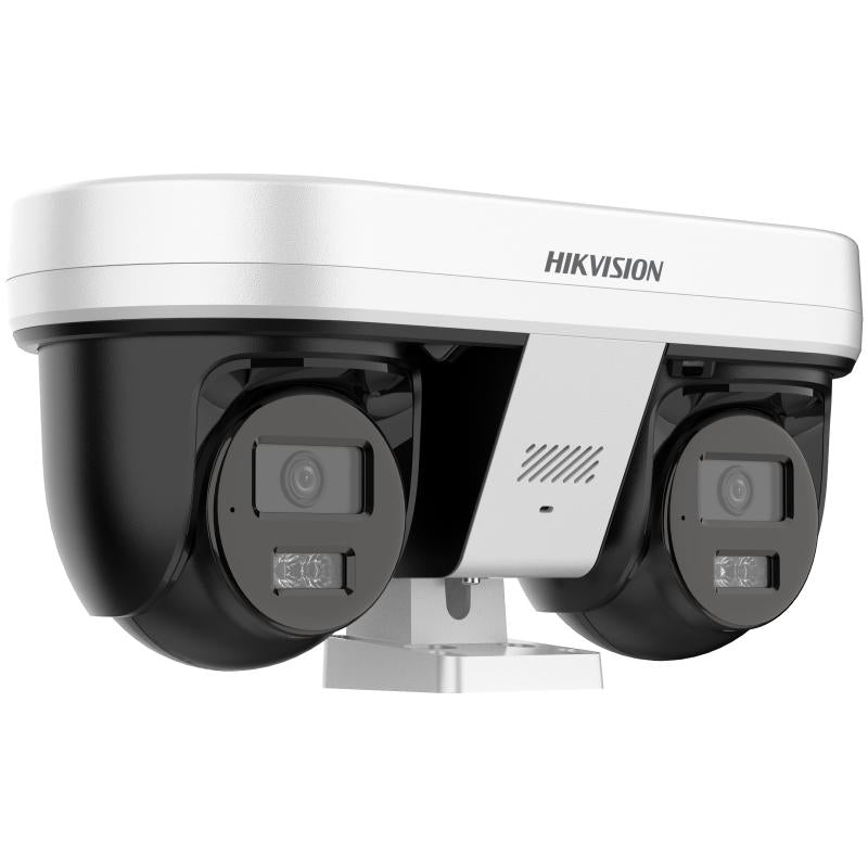 Hikvision security camera model iDS-2CD8V447G0E from Galaxy Security, showing camera lens and mounting bracket in a professional setting.