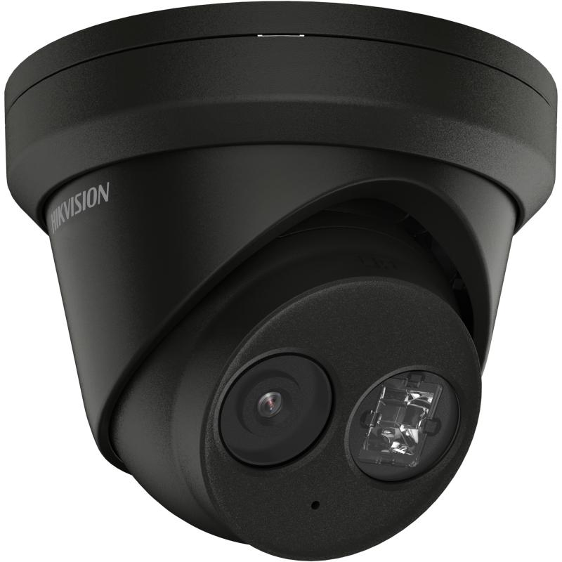 Galaxy Security Hikvision 8MP turret IP camera with 2.8mm lens in black, showcasing the camera's sleek design and lens details.