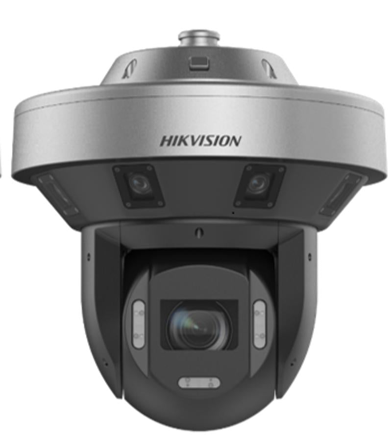 Galaxy Security Hikvision PTZ IP Camera DS-2DP8A845IXG1-LF/864(F0) with adjustable lens and night vision, mounted for surveillance.