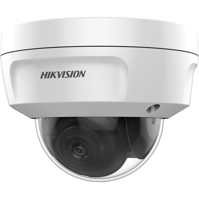 Hikvision ECI-D14F2 4MP fixed dome network camera with built-in microphone, black finish, mounted for security surveillance