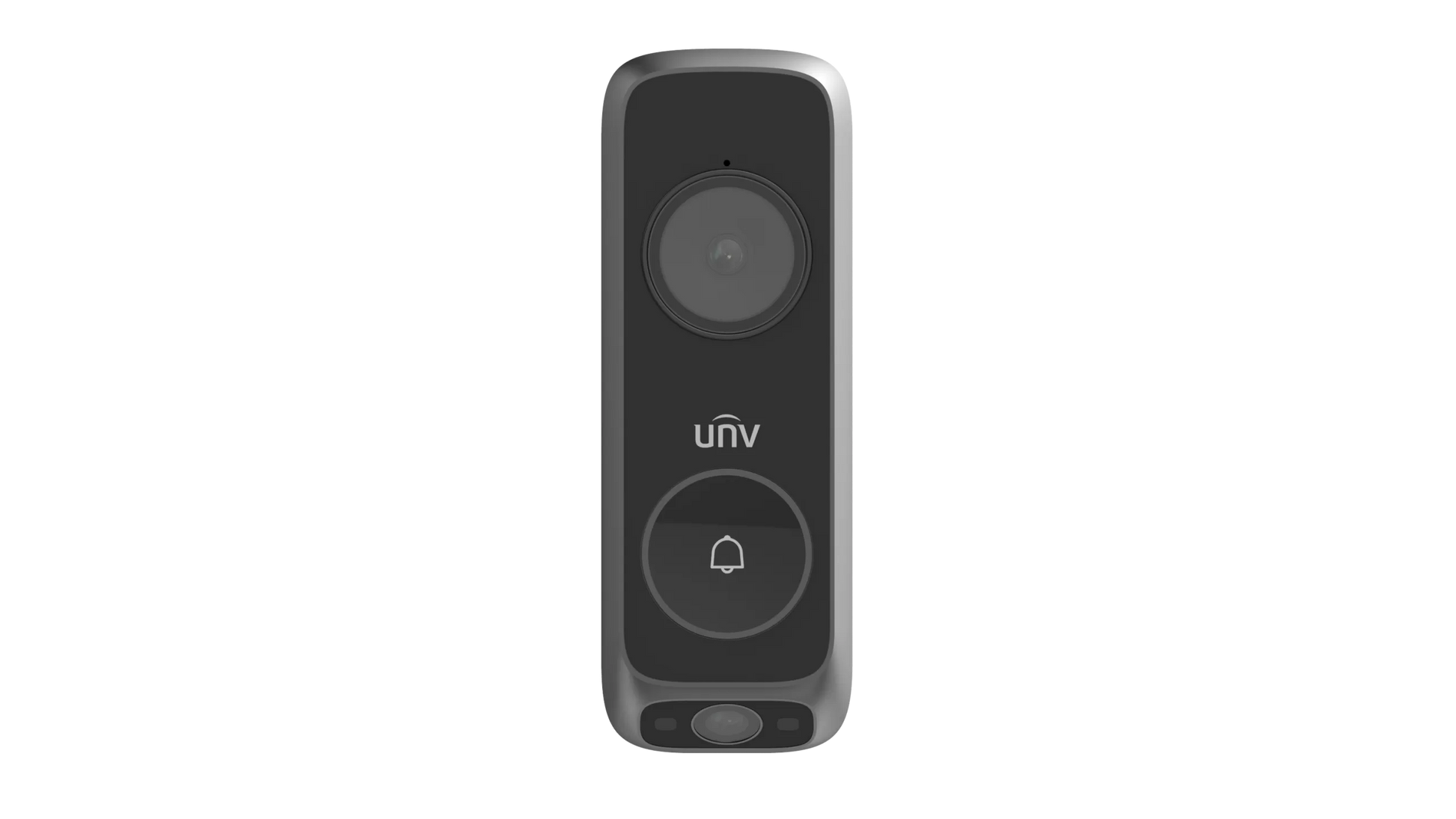 My Store UNV dual-lens video doorbell with two camera lenses and sleek white design mounted on a wall.