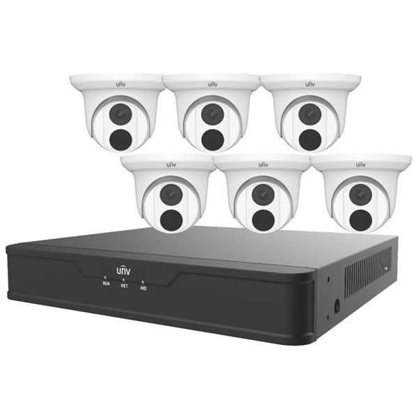 Uniview EK-S31P8T46T2-V2 IP camera kit with 8-channel NVR, 6 four-megapixel turret cameras, and 2TB hard drive for surveillance