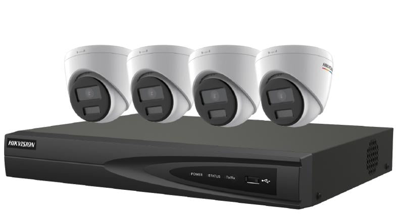 Hikvision EKI-K41T44C 4MP turret PoE security camera kit with mounting hardware and power over Ethernet cables.