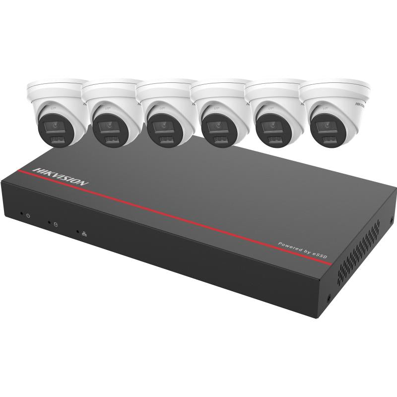 Hikvision 4MP turret PoE security camera from Galaxy Security EKI-K82T46L kit showing camera lens and mounting bracket