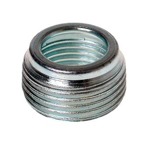 Red 3/4 x 1/2 EMT bushing from Fit150403, used for electrical conduit connections, shown with metallic finish and threading.