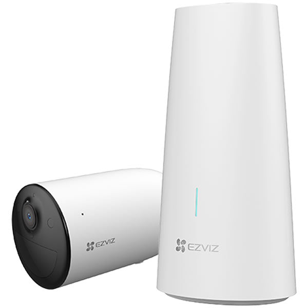 EZVIZ HB3 battery-powered security camera from the 1-camera kit, showing a sleek outdoor surveillance device with a white finish.