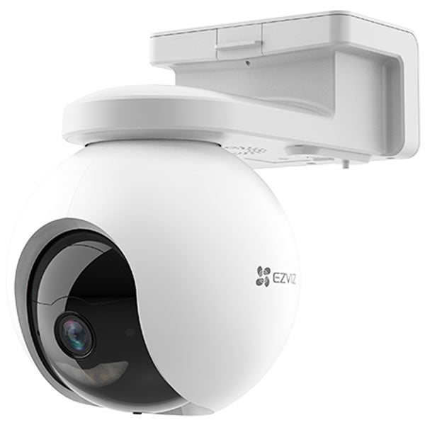 EZVIZ HB8 2K+ battery-powered Wi-Fi pan and tilt security camera showing the device with adjustable camera lens and mounting bracket