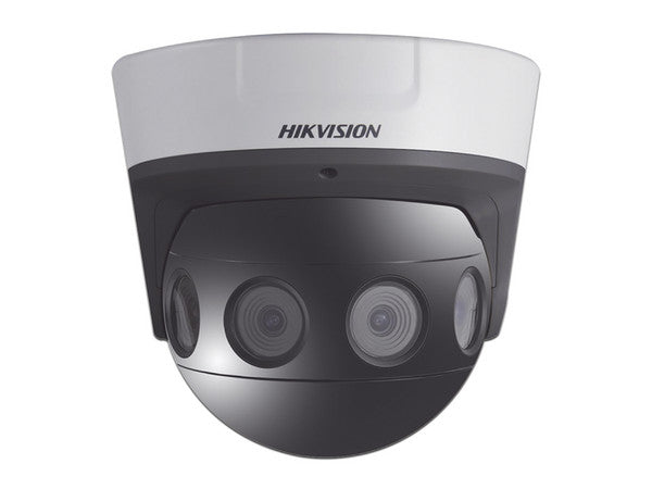 Hikvision DS-2CD6984G0-IHS 2.8mm specialty IP security camera with multiple lenses, mounted for surveillance.