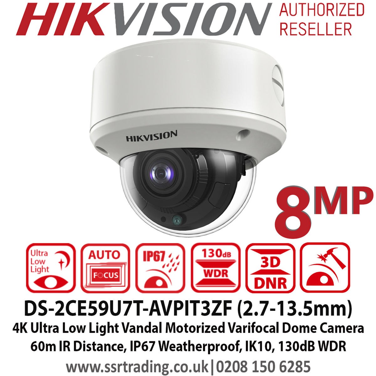 Hikvision 8MP Turbo HD analog security camera with 2.7-13.5mm zoom lens, mounted outdoors for surveillance.
