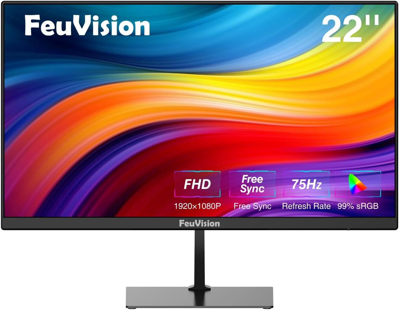 22-inch FeuVision LED monitor with 75Hz refresh rate and Full HD 1080P display, black bezel and stand.