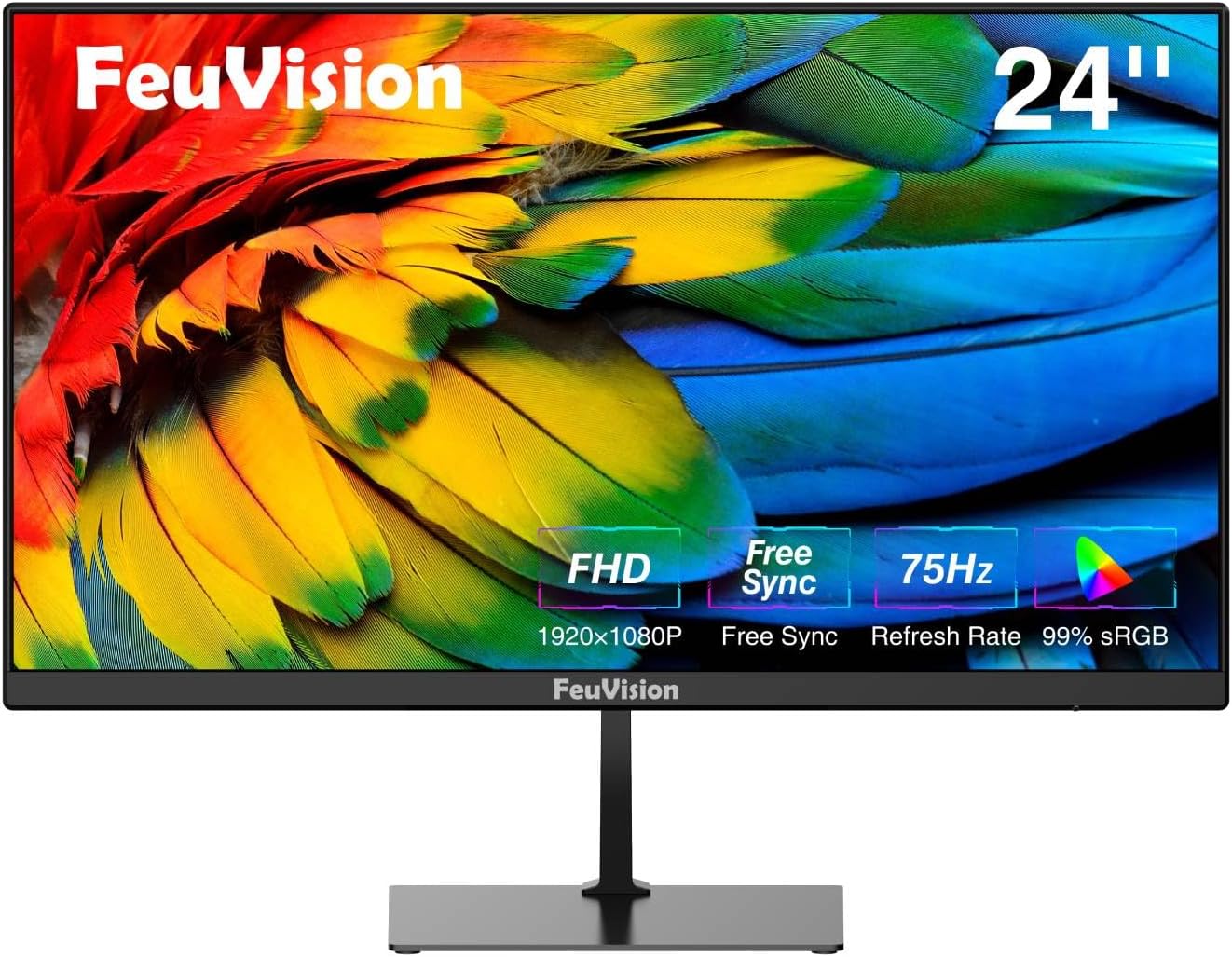 24-inch Feuvision LED monitor with 75Hz refresh rate and full HD 1080p resolution, featuring a sleek design and slim bezels.