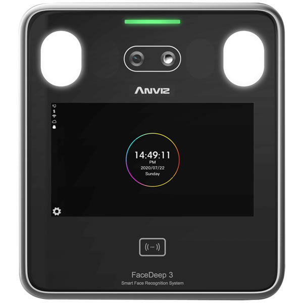Anviz FaceDeep 3 Pro smart face recognition terminal displaying a user’s face on its screen, with sleek black design.
