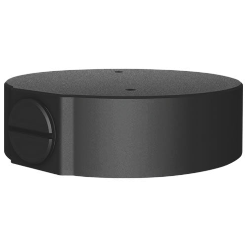 Black junction box for wedge and fixed turret mini dome Galaxy Pro IP cameras, suitable for outdoor security camera installation.