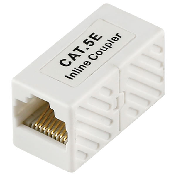 Cat5e inline coupler for Ethernet cables, shown with RJ45 connectors, used to connect two Cat5e network cords.