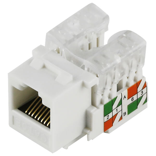 White Cat6 keystone jack from My Store, shown in a close-up image highlighting the connector and cable port for network installation.